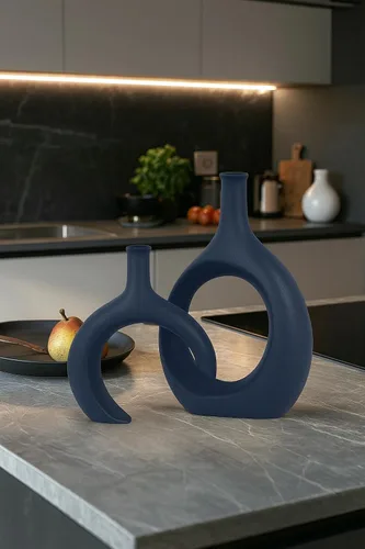 Vista 6 de Juego de 2 jarrones de cerámica azul, moderno jarrón azul marino para centros de mesa de comedor, decoración de casa de campo y hogar, particiones