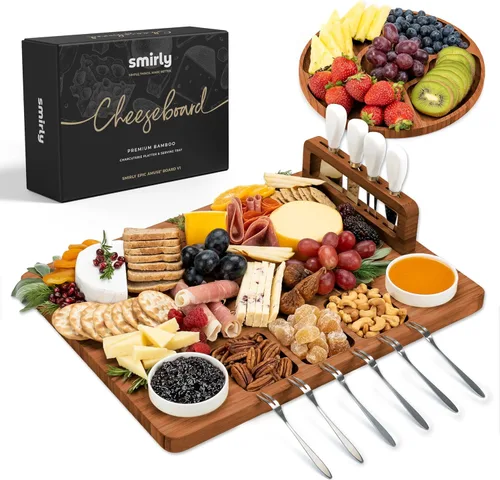 Vista 10 de SMIRLY Juego de tablas de charcutería, juego de tablas de queso grande, bandeja de bambú natural para quesos con accesorios, regalos de inauguración