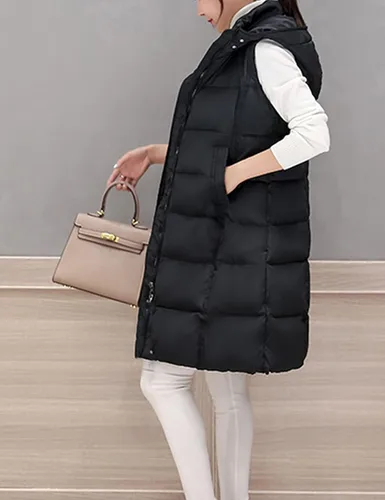 Vista 4 de Fiona Jolin Chaleco largo acolchado para mujer, negro, de invierno, de algodón, acolchado, sin mangas, chaquetas hinchadas