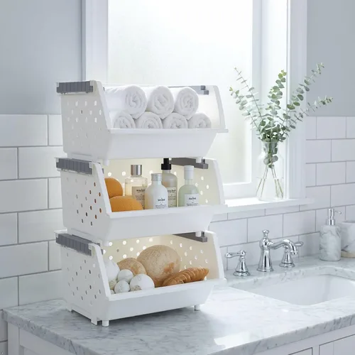 Vista 8 de Bringer Paquete de 4 cestas de almacenamiento apilables de plástico, cesta organizadora apilable de cocina, color blanco Stackable Storage Basket