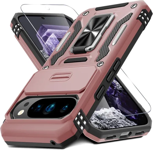 Vista 17 de DEERLAMN Funda para Google Pixel 8 con cubierta deslizante para cámara + protector de pantalla (1 paquete), soporte de anillo giratorio grado