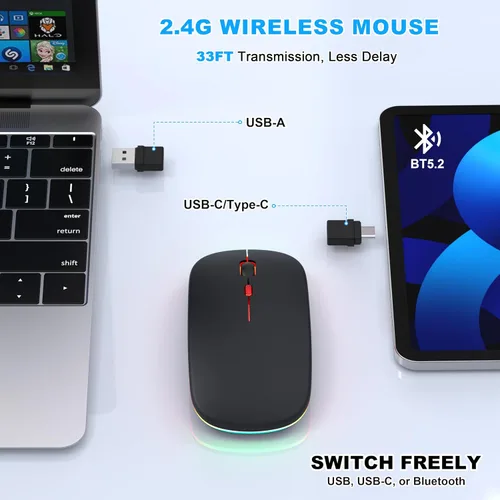 Vista 3 de Mouse inalámbrico Bluetooth para MacBook Air Mac Pro iPad, mouse silencioso recargable LED con receptor USB-A/USB-C de 2.4 GHz y mouse jiggler, Negro
