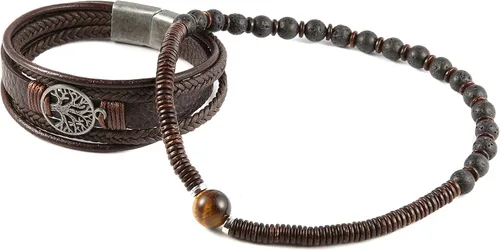 Vista 4 de HZMAN Pulseras de cuero genuino con diseño de árbol de la vida para hombres y mujeres, diseño de ojo de tigre, piedra natural, cuentas de roca