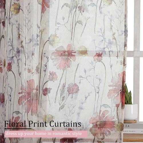 Vista 4 de Cortinas Transparentes Arrugadas de 96 Pulgadas de Largo 2 Paneles, Cortinas Florales Transparentes con Diseño Impreso para Sala de Estar