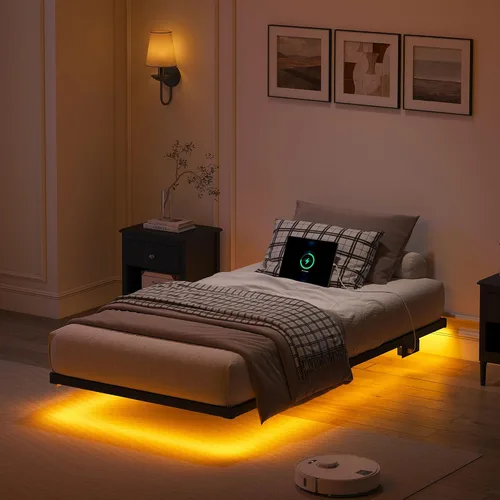 Vista 12 de YORMDMO Base de cama flotante tamaño individual, marco de cama resistente con luces LED inteligentes y estación de carga, cama moderna de plataforma