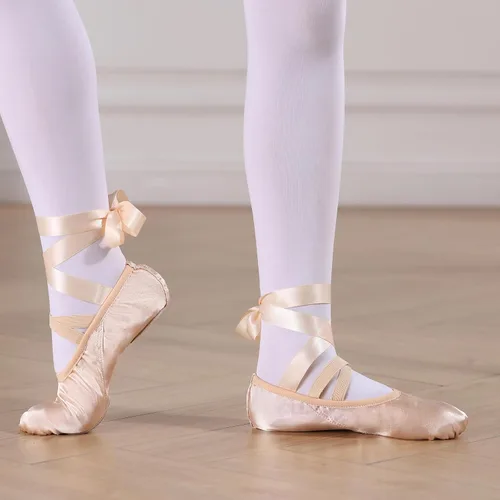 Vista 4 de Zapatos de ballet para niñas, zapatillas de ballet rosas con suela dividida de satén para mujer, zapatos de baile planos con cinta para yoga
