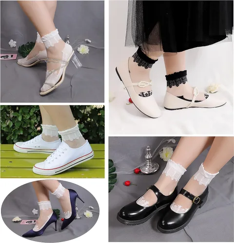 Vista 2 de Lovful 3 pares de calcetines cortos ultrafinos transparentes de encaje elástico para mujer