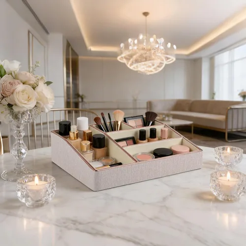 Vista 2 de Bandeja organizadora de maquillaje de piel sintética, organizador grande de tocador, caja de almacenamiento de cosméticos para pinceles de lápiz