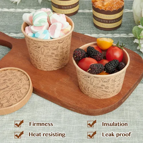 Vista 6 de LITOPAK Paquete de 50 recipientes de papel de 8 onzas con tapas ventiladas, vasos de papel kraft para alimentos, recipientes de sopa con tapas