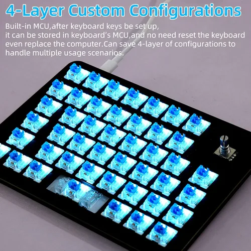Vista 3 de Koolertron Teclado mecánico para juegos con una sola mano, teclado programable, perilla giratoria de 45 teclas retroiluminadas azulesinterruptores