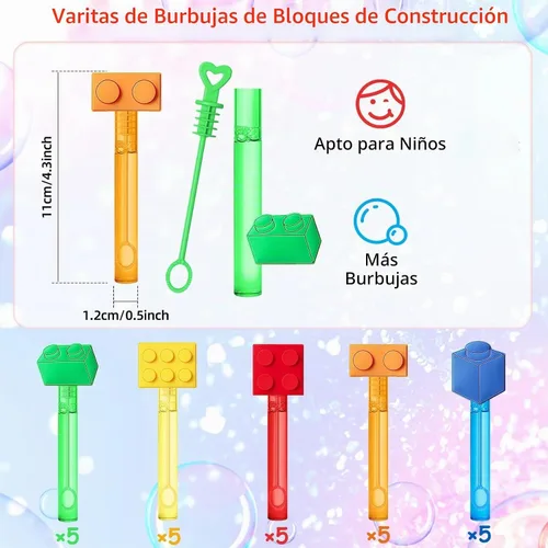 Vista 2 de AMFZON 25 piezas de varitas de burbujas con forma de bloques de construcción para fiestas infantiles, juguetes de varitas de burbujas mini