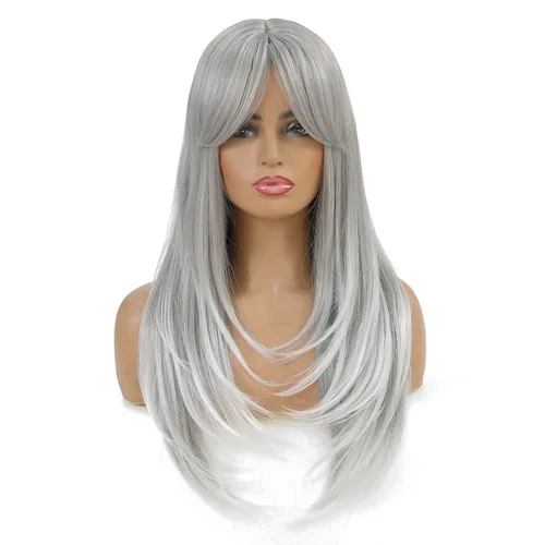 Vista 9 de SWACC Peluca de pelo sintético con flequillo largo en capas para mujeres con gorra de peluca (negro)