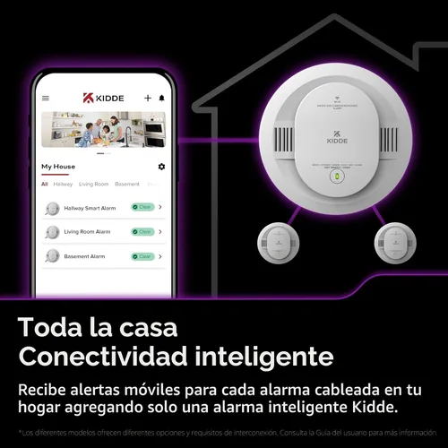 Vista 3 de Kidde Detector inteligente de humo y monóxido de carbono habilitado por la aplicación Kidde con cableado, respaldo de batería AA, alertas de voz