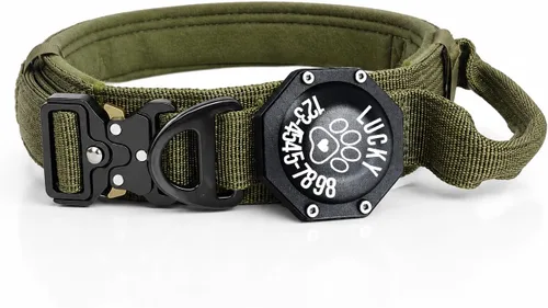 Vista 6 de Collar táctico personalizado para perro AirTag, 100 % impermeable, ajustable, de nailon para entrenamiento militar, con asa de control y hebilla