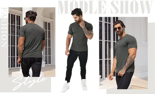 Vista 5 de DISLANBO Camisas Henley para hombre, de verano, casual, ajustadas, básicas, de manga corta, a la moda
