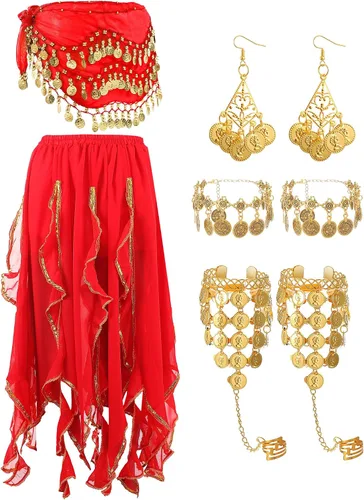 Vista 15 de Haysandy Conjunto de 8 piezas de danza del vientre para mujer, falda de danza del vientre, bufanda de cadera, 2 pulseras, aretes, pulsera de tobillo