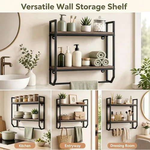 Vista 8 de LOKO 2-Tier Bathroom Towel Rack, Wall Mounted Hanging Shelf (Gray Oak)
