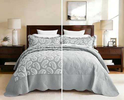 Vista 13 de Edredón extragrande para cama King, diseño de patrón damasco matelasse de jacquard, ligero, reversible, 5 piezas, 100% microfibra, pasta de frijol