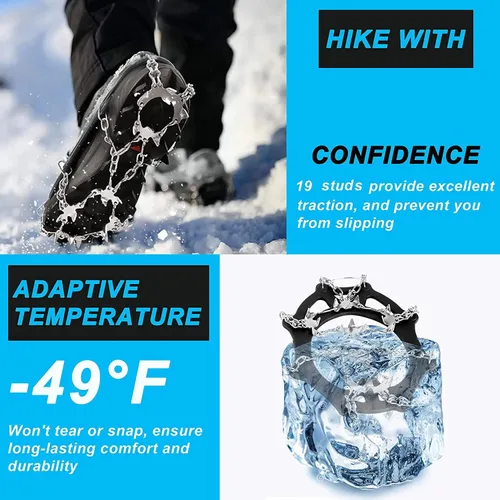 Vista 3 de Crampones - Tacos de hielo, tracción para zapatos y botas, 19 tachuelas antideslizantes de acero inoxidable, tacos de nieve seguros para senderismo