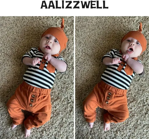 Vista 3 de Aalizzwell Traje de verano a rayas para bebés recién nacidos