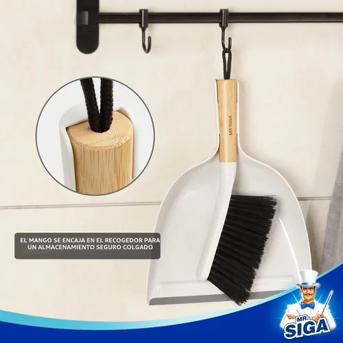 Vista 6 de MR.SIGA Juego de recogedor y escobillas, mango de bambú, blanco, 1 juego