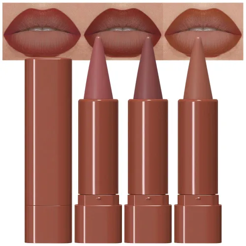 Vista 31 de evpct Combo de delineador de labios metálico rosa brillante y lápiz labial, lápiz labial con punta de cono para mujer, de larga duración