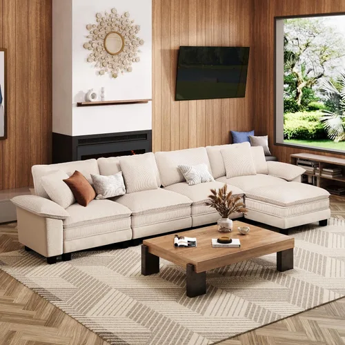Vista 16 de Sofá seccional en forma de U de 123 pulgadas con cojines tipo nube, juego de sofá modular de asiento profundo con 5 asientos y 2 otomanos, brazos