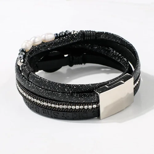 Vista 7 de Artilady Leather Wrap Bracelet for Women, Pearl Beaded Bangle Stack Jewelry Negro