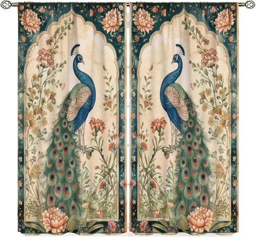 Vista 11 de Cortinas opacas de pavo real, hermoso patrón de estampado de flores de pavo real azul, estampado de mariposas y pavo real, juego de 2 paneles