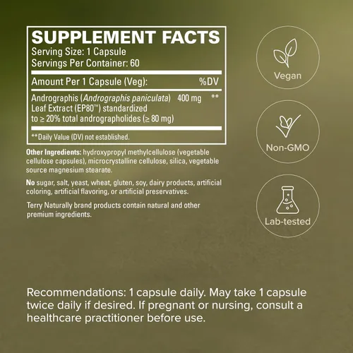 Vista 5 de Terry Naturally Andrographis EP80 Extra Strength - Salud cerebral - 60 60 unidades.