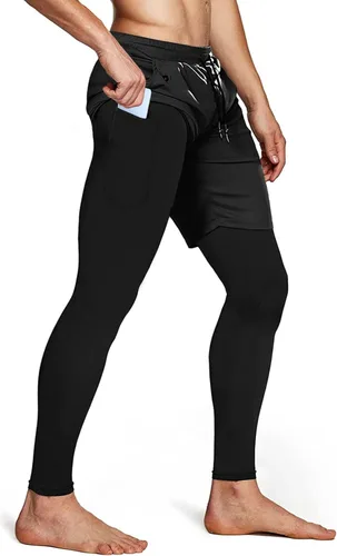 Vista 2 de Aolesy Pantalones de correr 2 en 1 para hombre, pantalones de compresión para entrenamiento de gimnasio para hombre, pantalones deportivos