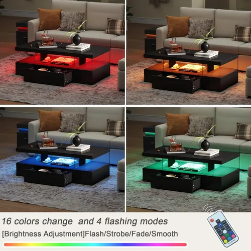 Vista 4 de ChooChoo Mesa de centro LED moderna, mesa central de alto brillo con cajón, mesa de centro negra con almacenamiento para sala de estar, dormitorio