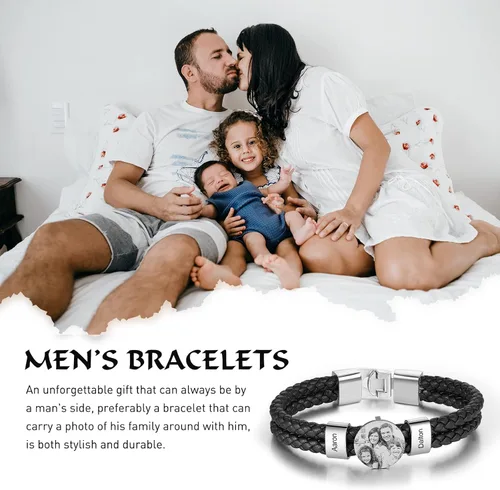 Vista 3 de Pulsera de cuero personalizada para hombre, grabada con nombre, imagen, foto, cuerda trenzada para papá, marido, abuelo, novio