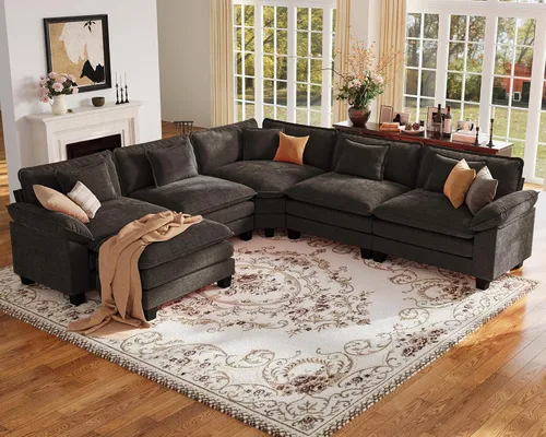 Vista 84 de Sofá modular de gran tamaño de 154 pulgadas, cómodo sofá en forma de U con 3 otomanas móviles, sofá moderno de felpilla de 7 plazas para sala