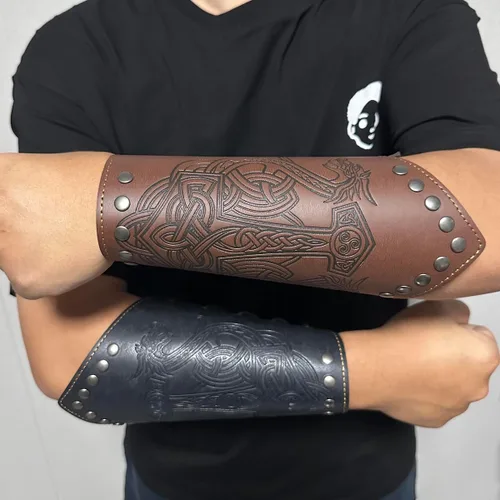Vista 6 de Pulsera de cuero con guantelete medieval, muñequeras vikingas, guardias de tiro con arco, brazaletes de brazo ancho para mujeres y hombres, 2
