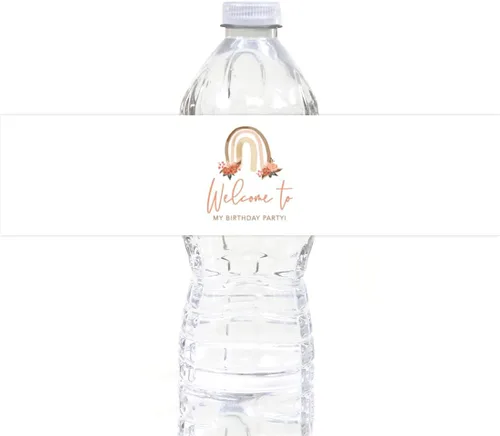 Vista 24 de Andaz Press Etiquetas impermeables para botellas de agua de primer cumpleaños con diseño de arco iris bohemio, envolturas brillantes para botellas