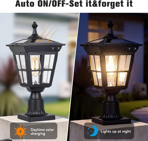 Vista 5 de Lámpara solar para poste de luz, aluminio fundido, impermeable, luces LED de pilar con vidrio para exteriores, del atardecer al amanecer, luz solar