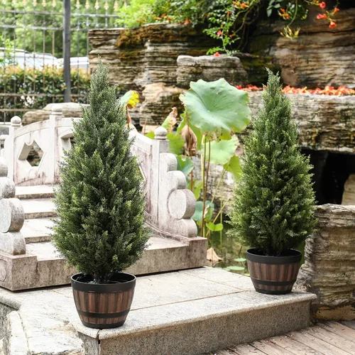 Vista 3 de Arbusto Artificial de Cedro de 3ft(35") para Exteriores, Resistente a la Luz Solar, Planta Frondosa en Maceta para Porche Interior del Hogar