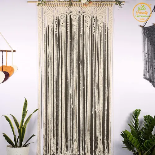 Vista 4 de Cortinas de macramé bohemias, cortinas con cuentas para puertas, macramé para colgar en la pared, cortina de puerta de cuentas, fondo bohemio Beige