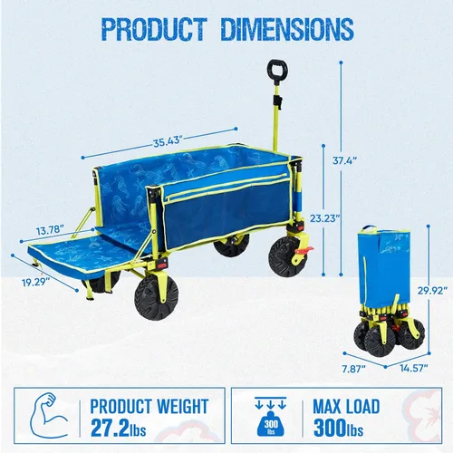 Vista 8 de Old Bahama Bay Carro de Playa Extra Largo de 300lbs 124 cm de Largo con Ruedas Grandes con Freno para Arena, Carro de Playa Plegable Utilitario