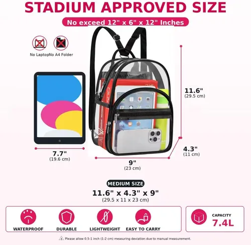 Vista 3 de Mochila pequeña aprobada por el estadio, mini mochila transparente para niñas, Negro, S, Mochilas Daypack