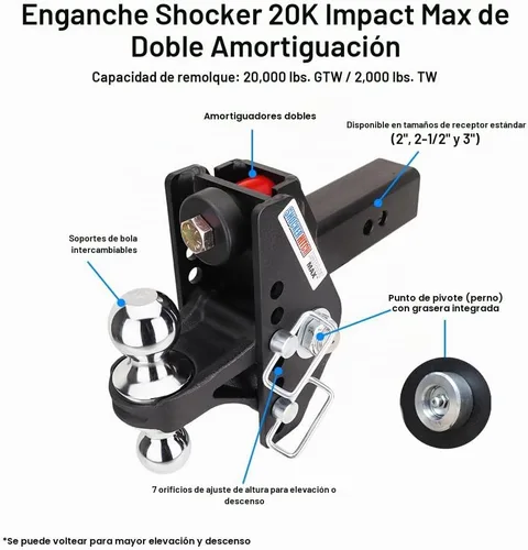 Vista 3 de Shocker Impact Max Cushion Hitch y bola combinada, elevación de 4" a caída de 4", se adapta a enganche de 2-1/2", negro, combo con bolas de 2