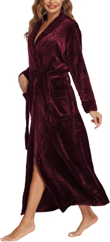 Vista 5 de Ekouaer Bata de forro polar para mujer bata larga de baño de felpa con cuello chal ropa de dormir de longitud completa con bolsillos