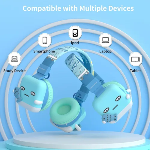 Vista 7 de Auriculares Bluetooth para niños, límite de volumen de 85 dB, ultra suaves sobre la oreja, micrófono incorporado, plegables, diseño de animales