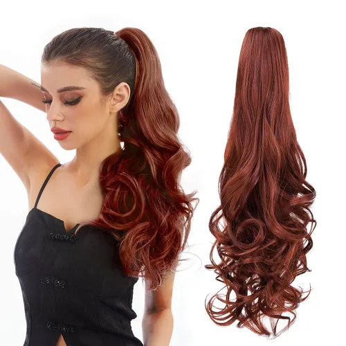 Vista 9 de Extensión de Cola de Caballo, Extensión de Cabello con Garra Larga de 20", Piezas de Cabello Sintético Ondulado Liso con Clip en Peluca de Cola