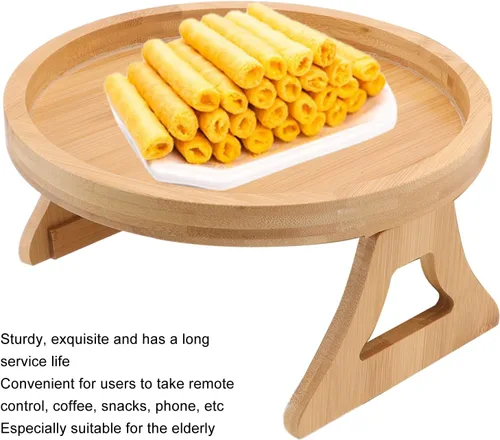 Vista 6 de Bandeja de aperitivos para sofá, textura de madera, bandeja para reposabrazos de sofá, mesa de brazo plegable con clip para aperitivos de café y té