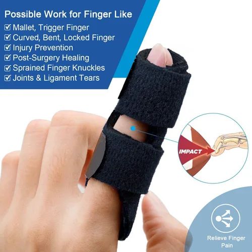 Vista 5 de Férula de dedo de gatillo para enderezar los dedos, artritis, esguince y lesiones (2 piezas, negro)