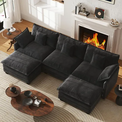 Vista 16 de Sofá de nube en forma de L de 77 pulgadas, sofá modular con otomana, cómodo sofá biplaza de felpilla con almohada para sala de estar, dormitorio