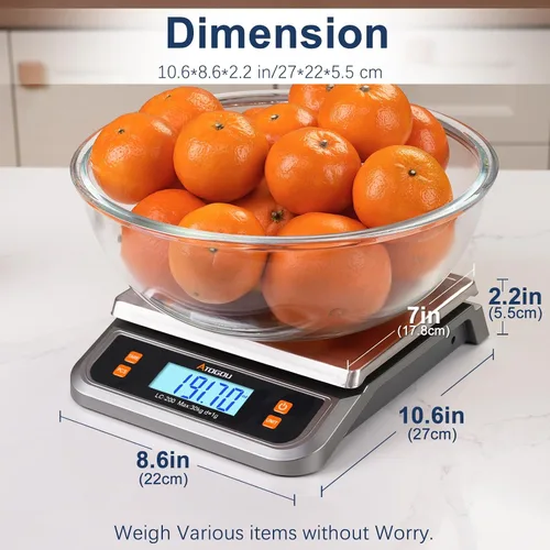 Vista 4 de Atogou Báscula de alimentos de 66 libras, báscula de cocina comercial enchufable con pantalla LCD de vista completa, acero inoxidable, para hornear