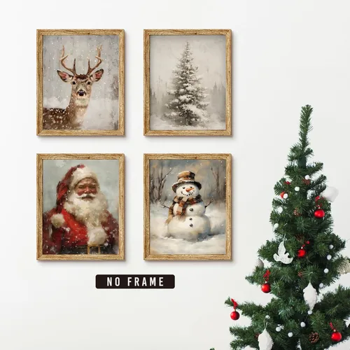 Vista 3 de LKETW Póster vintage de impresiones navideñas de invierno sin marco, juego de 4 unidades de 8x10 pulgadas, decoración de pared rústica de Papá Noel